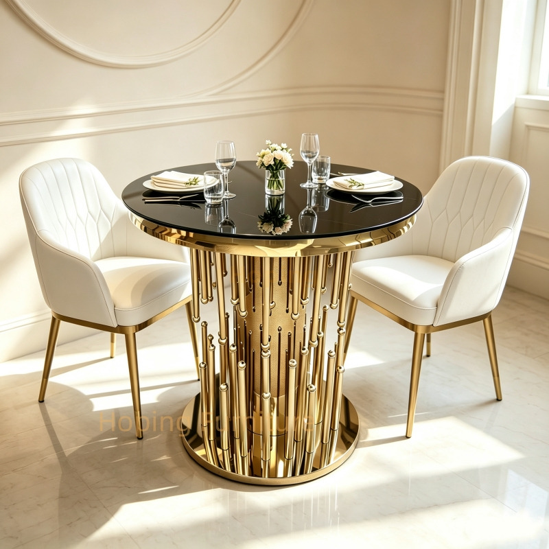 Luxury Round 2 Seater Dining Table for Home Hotel Banquet Events Round Cake Table Italy Gold Stainless Steel Black Glass Top Dining Table 80 Coffee Table