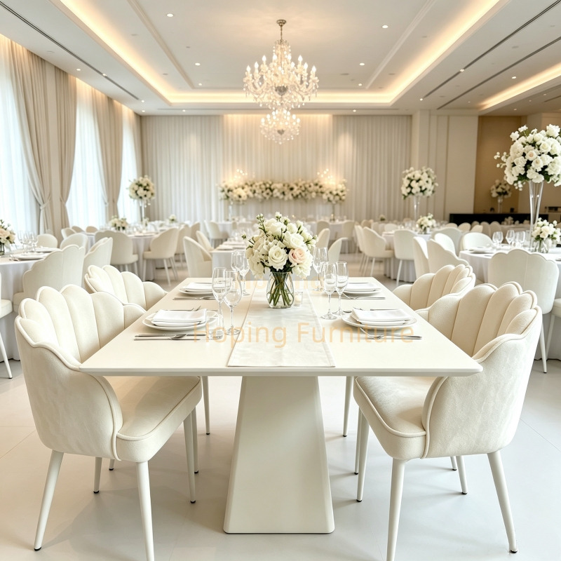 Shell Shape Upholstered Dining Chair Cream Velvet Fabric Armchair with White Metal Legs for Wedding Banquet Hotel Home Event Wedding Furniture Dining Chairs