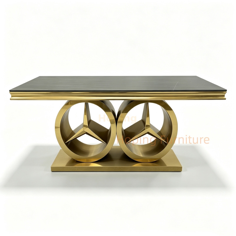 Wholesale High End Banquet Dining Table Eye Catching Twin Circular Gold Stainless Steel Base Rectangular Dining Table for Wedding Event Restaurant Dining Table