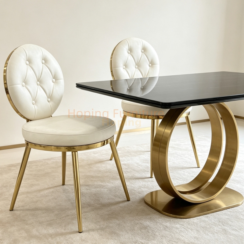 Gold Stainless Steel Dining Chair with Unique Hollow Round Back Frame White Velvet Upholstered Banquet Event Chair White Wedding Dining Chair