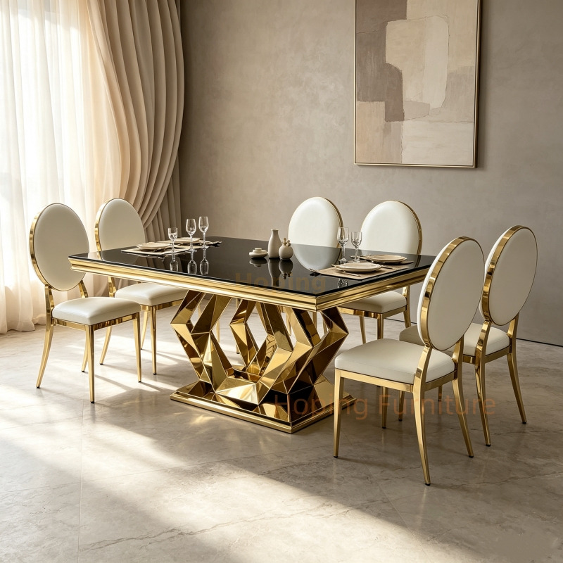 Modern Rectangular Dining Table Black Glass Top Shiny Gold Stainless Steel Diamond Shape Base Dining Furniture Wedding Table