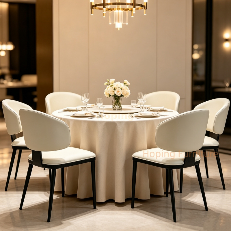 Modern Cream PU Leather Dining Chair Black Metal Legs Curved Split Back Restaurant Hotel Side Chair