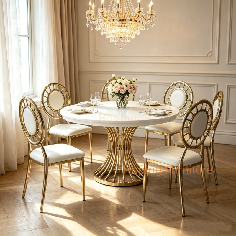 Luxury Sunburst Back Gold Iron Wedding Chair White PU Leather Round Event Chair for Banquet Hotel Party