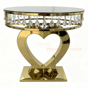 Gold Heart Shape Stainless Steel Dining Table Black Glass Top Crystal Pendant Wedding Banquet Round Table