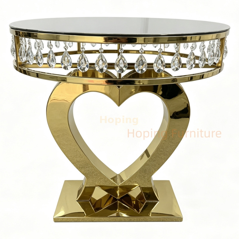 Gold Heart Shape Stainless Steel Dining Table Black Glass Top Crystal Pendant Wedding Banquet Round Table