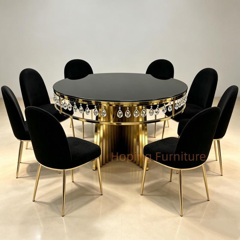 Round Banquet Dining Table Black Glass Top Gold Slatted Stainless Steel Base Event Table