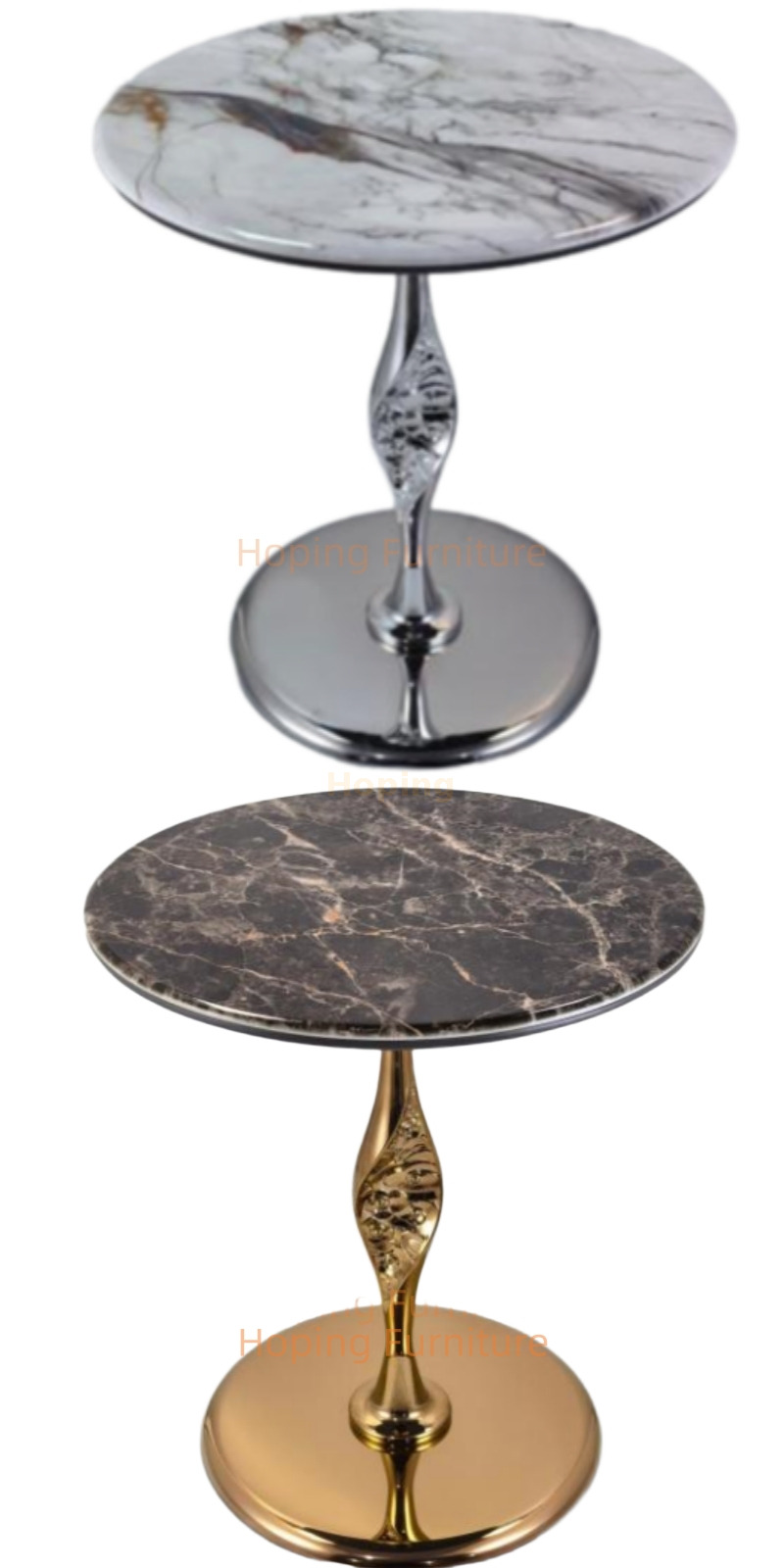 Residential House and Home Round Stone Top with Polished Rose Gold Beaded Pedestal End Table European Style Side Table