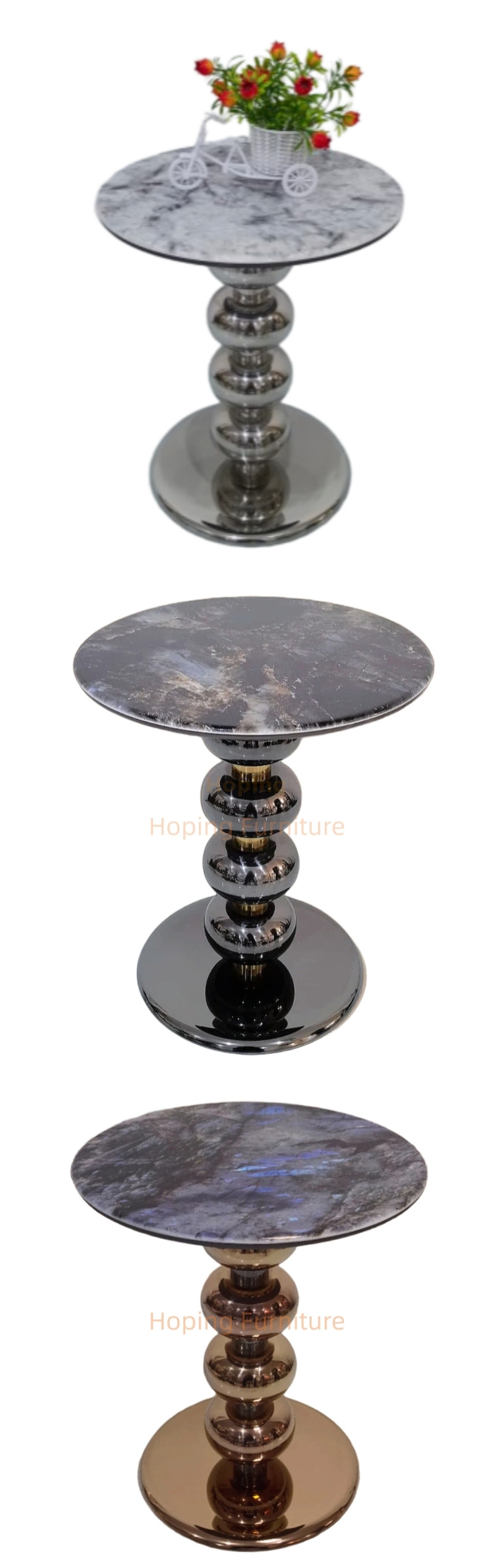 Residential House and Home Round Stone Top with Polished Rose Gold Beaded Pedestal End Table European Style Side Table