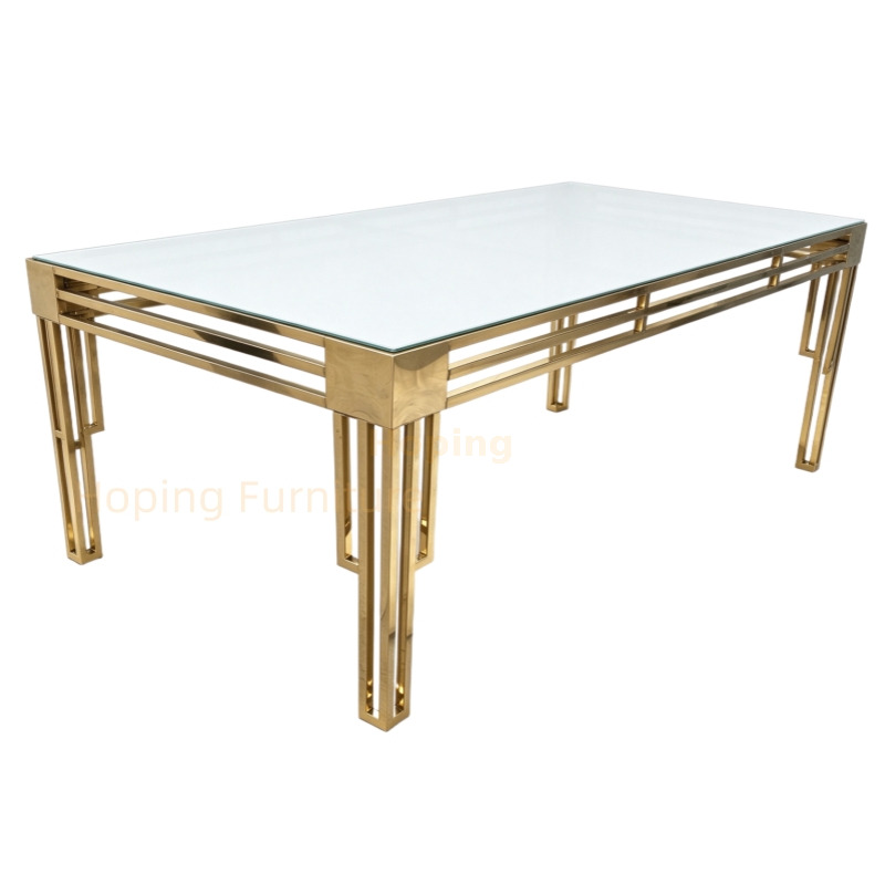 Modern 8FT Glass Top Banquet Table with Golden Stainless Steel Frame Wedding Rectangular Table Seats 12 Guests for Event Restaurant Dining Table