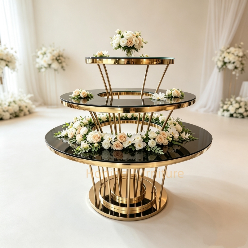 3 Tier Round Gold Stainless Steel Wedding Cake Table Black Glass Tiered Dessert Display Table with Floral Decor for Banquet Party Event Display Table