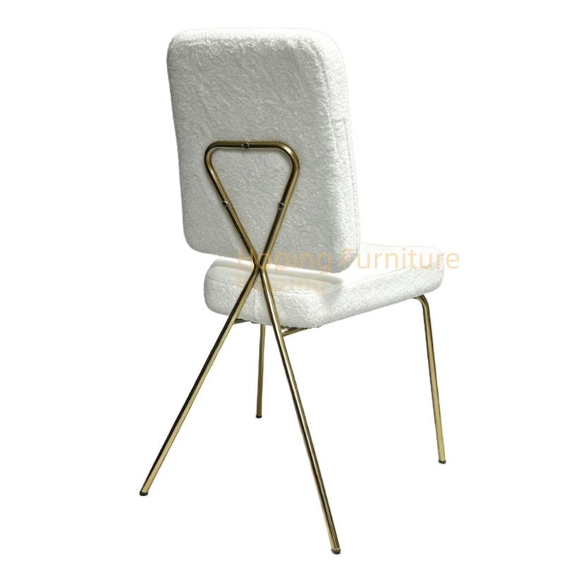 White Teddy Fabric Dining Chair Gold Metal X Shaped Back Frame Upholstered Side Chair Event Banquet Wedding Party Stainless Steel Frame Dining Chair