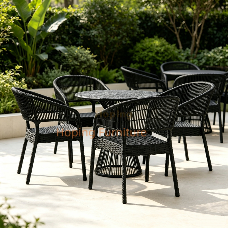 Black Plastic PE Rattan Armchair with Armrest Patio Dining Chair Wedding Chair Durable Restaurant Dining Furniture Hotel Hall Used Banquet Chair