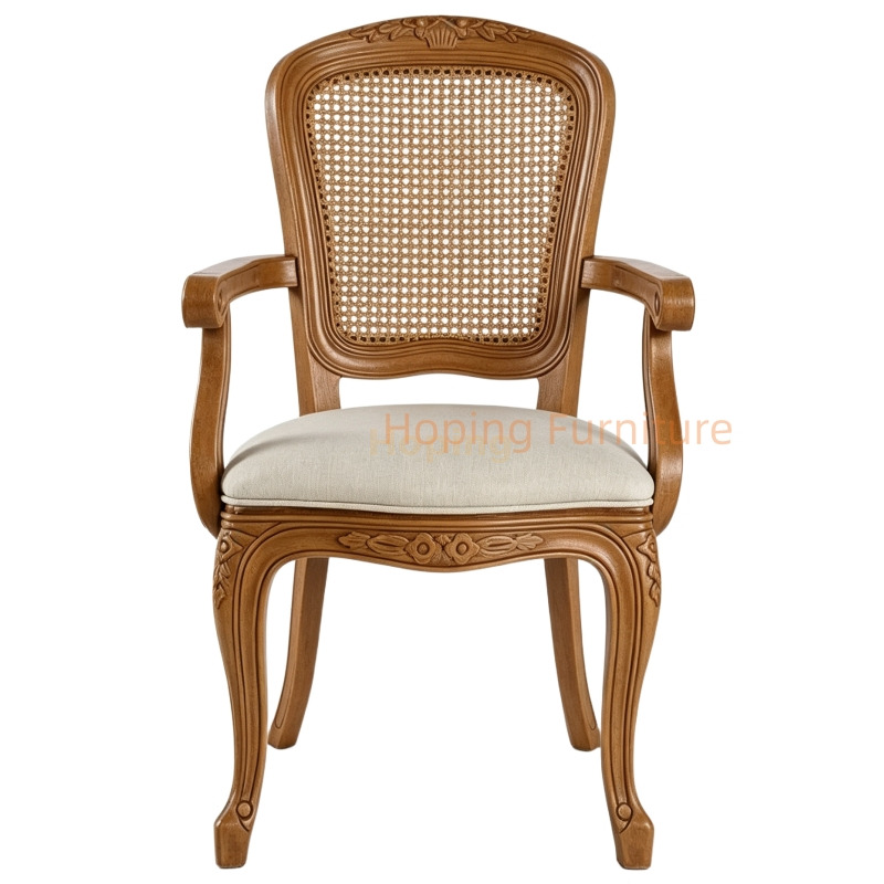 Vintage Carved Plastic Dining Arm Chair Imitation Rattan Back Fabric Padded Seat for Wedding Event Rental Dining Chair