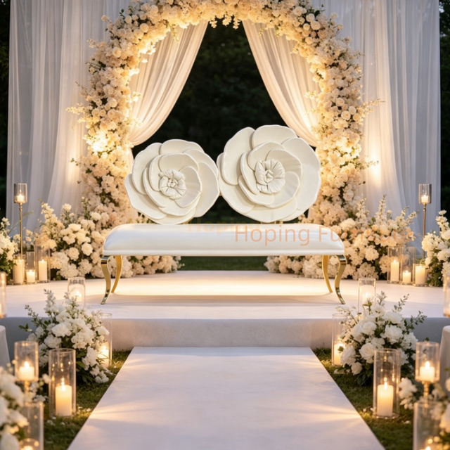 White Rose Flower Back Wedding Loveseat Bench Gold Metal Leg Bridal Wedding Sofa For Event Banquet King and Queen Rental Chairs Party Wedding Chairs