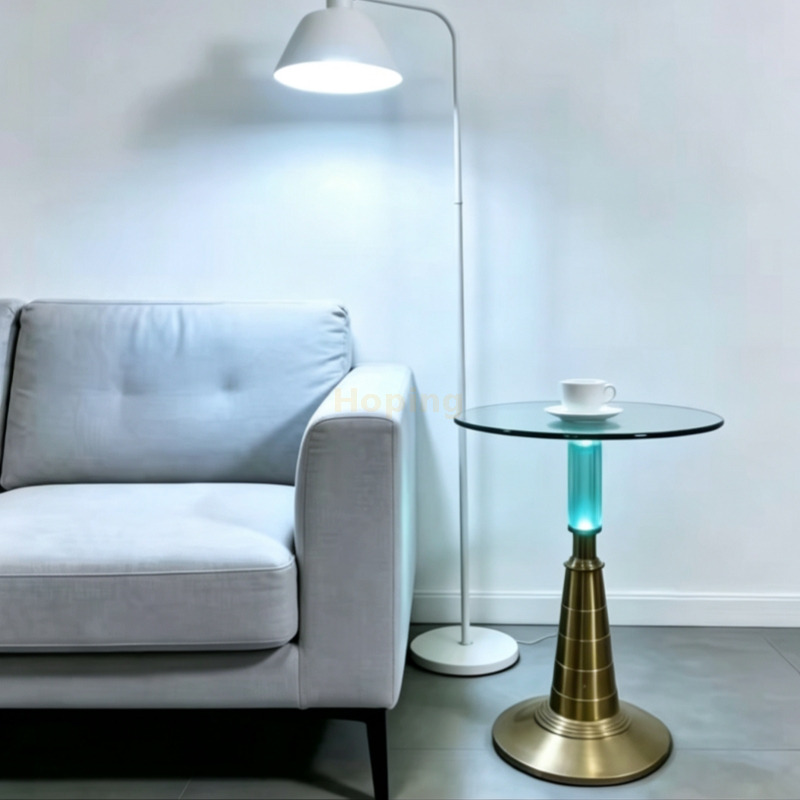 Elegant MID Century Low Round Glass Top Coffee Table for Stylish Homes Event Illuminated Bluetooth Music Cocktail Table End Table