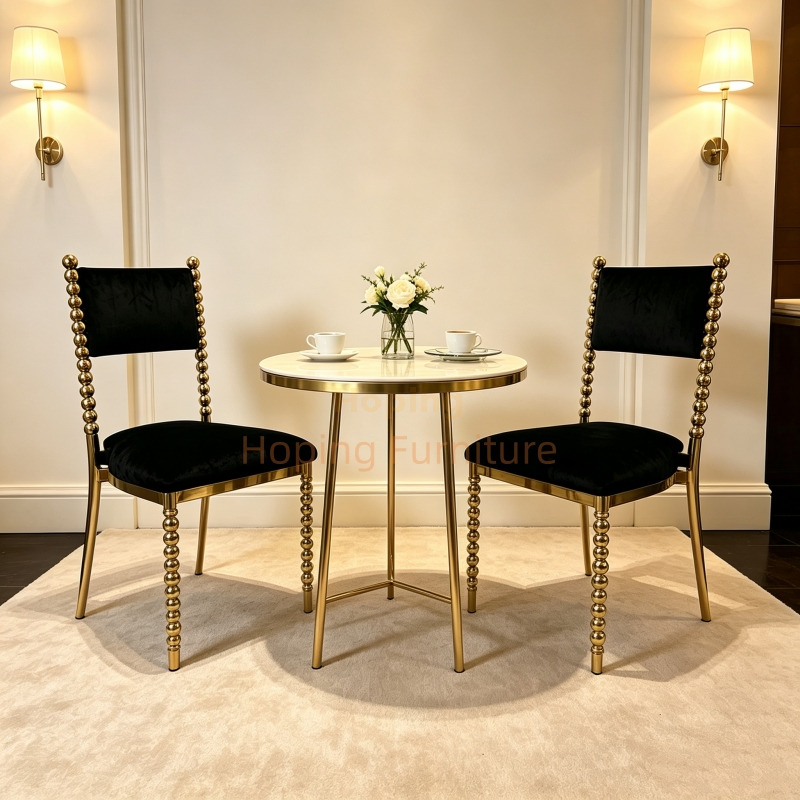Luxury Wedding Banquet Dining Chair Gold Beaded Metal Frame Black Velvet Upholstered Event Chair for Hotel Restaurant Wholesale Stainless Steel Wedding Chair