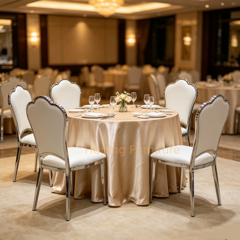 Classic Furniture Elegant Curved Top Event Dining Chair U Padded Iron Frame Silver Reception Chair for Rental Wedding Banquet Venues Hotel Chair
