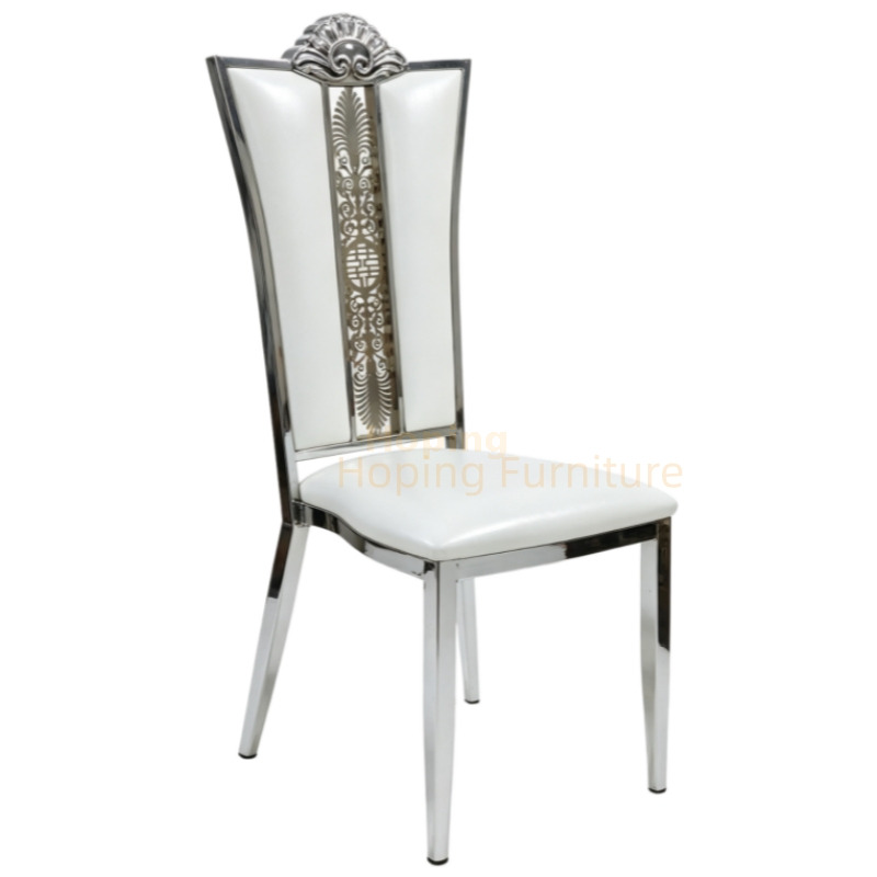 Hotel Restaurant Dining Chair with Iron Frame Wedding Banquet Chair Ornate Carved High Back Event Chair White PU Decorative Wedding Chair
