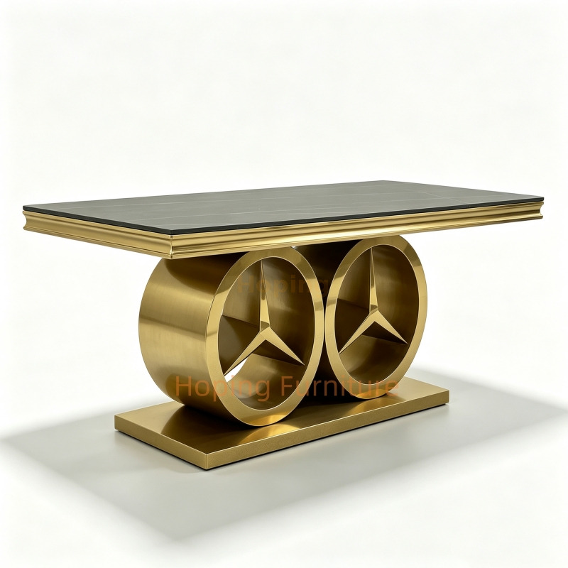 Wholesale High End Banquet Dining Table Eye Catching Twin Circular Gold Stainless Steel Base Rectangular Dining Table for Wedding Event Restaurant Dining Table