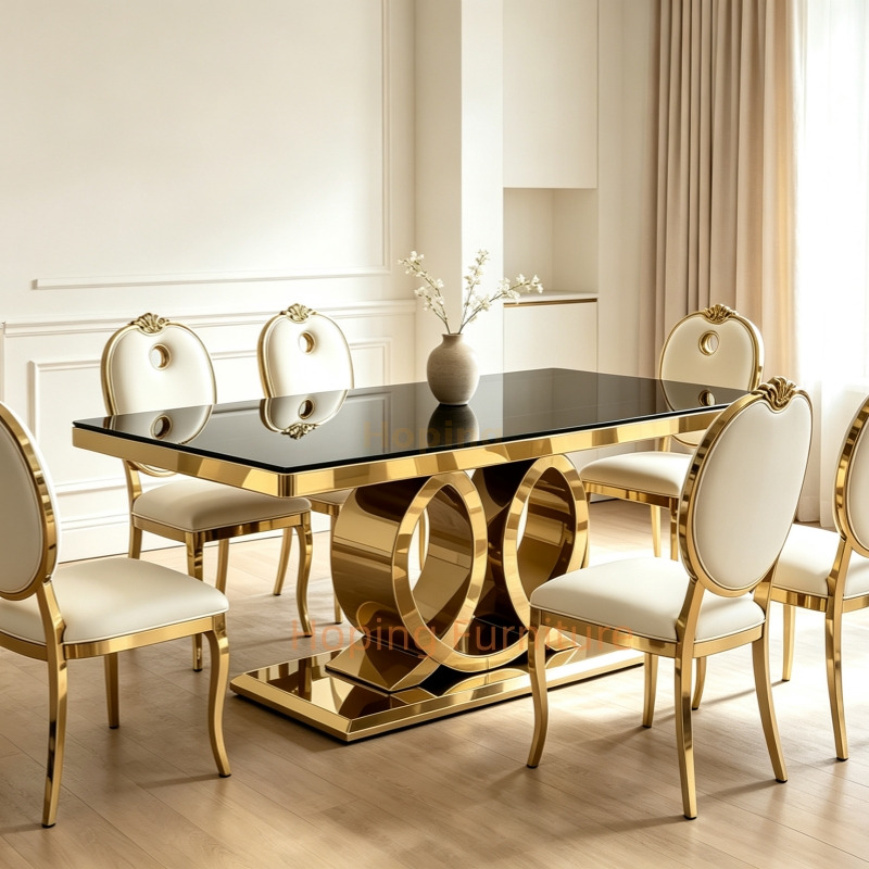 Modern Living Room Hotel Furniture Luxury Gold Stainless Steel Dining Table Black Glass Top Artistic Hollow Metal Base for Wedding Banquet Hotel