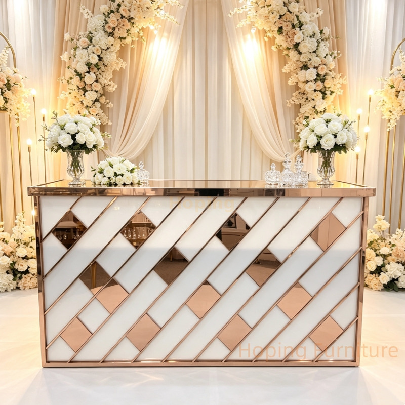 Wedding Event Furniture Rose Gold Stainless Steel Frame Acrylic Panel Console Side Table Console Dressing Glass Table Laser Cutting Luxury Living Room Table