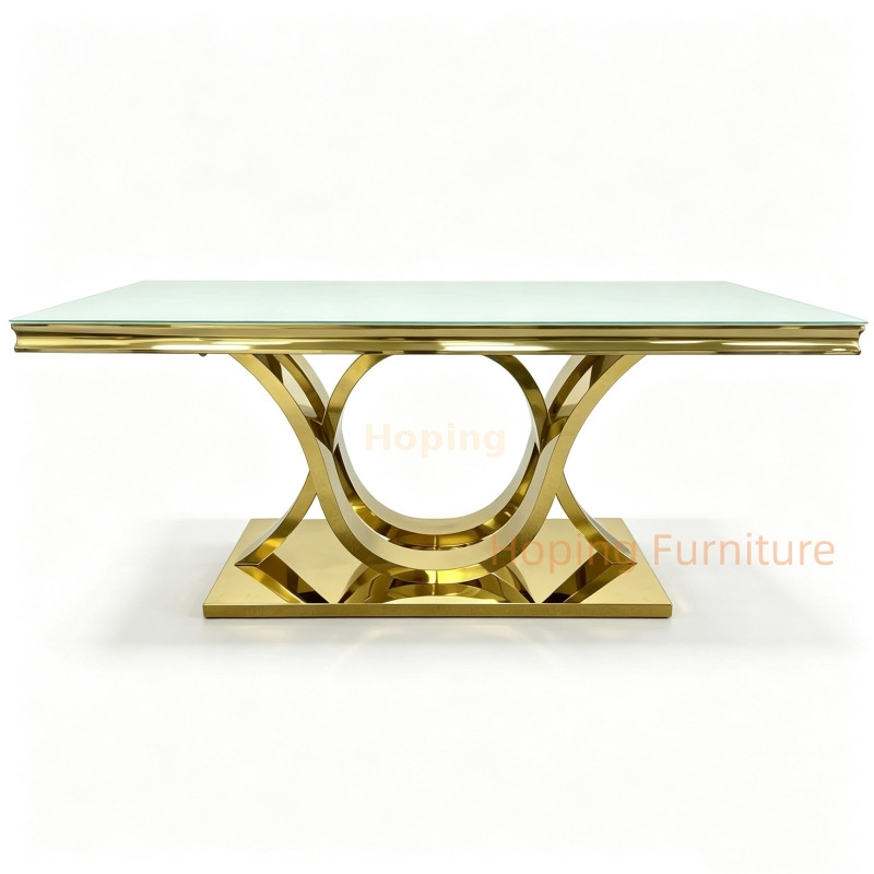 Modern Luxury Black Glass Rectangular Dining Table Shiny Gold Stainless Steel Twisted Interlocking Legs Restaurant Table for Wedding Hotel Home Use Table