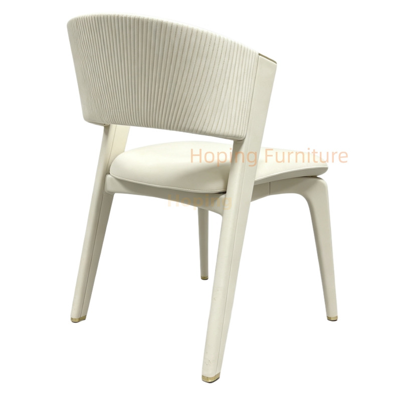 Cream PU Leather Dining Chair Vertical Striped Backrest Gold Decorative Accent Dining Side Chair Contemporary White PU Restaurant Chair