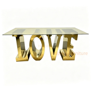 Modern High Quality Wedding Furniture Restaurant Hotel Banquet Love Letter Shape Gold Stainless Steel Dining Table, Clear Tempered Glass Top Wedding Event Table