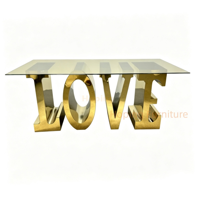 Modern High Quality Wedding Furniture Restaurant Hotel Banquet Love Letter Shape Gold Stainless Steel Dining Table, Clear Tempered Glass Top Wedding Event Table