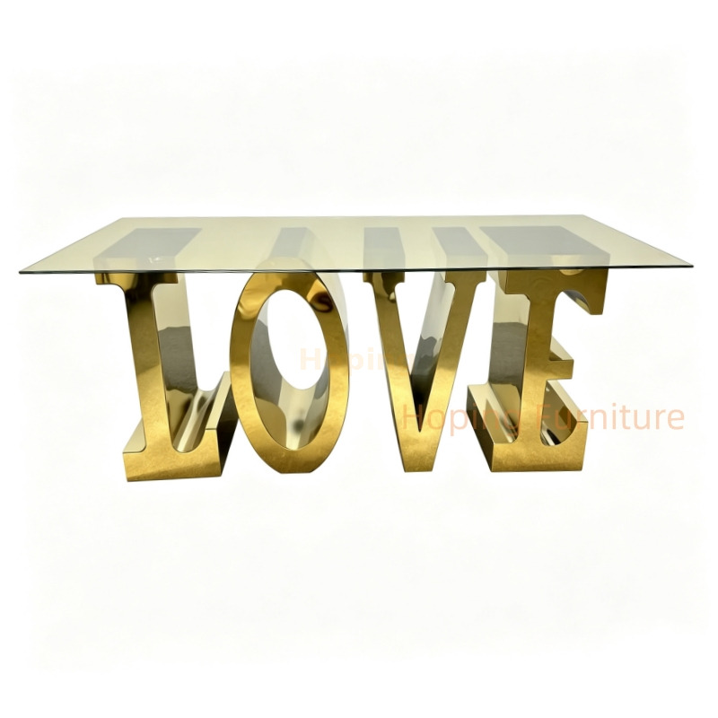 Modern High Quality Wedding Furniture Restaurant Hotel Banquet Love Letter Shape Gold Stainless Steel Dining Table, Clear Tempered Glass Top Wedding Event Table