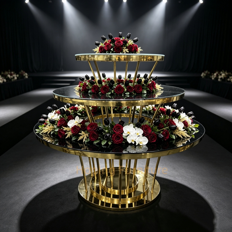 3 Tier Round Gold Stainless Steel Wedding Cake Table Black Glass Tiered Dessert Display Table with Floral Decor for Banquet Party Event Display Table