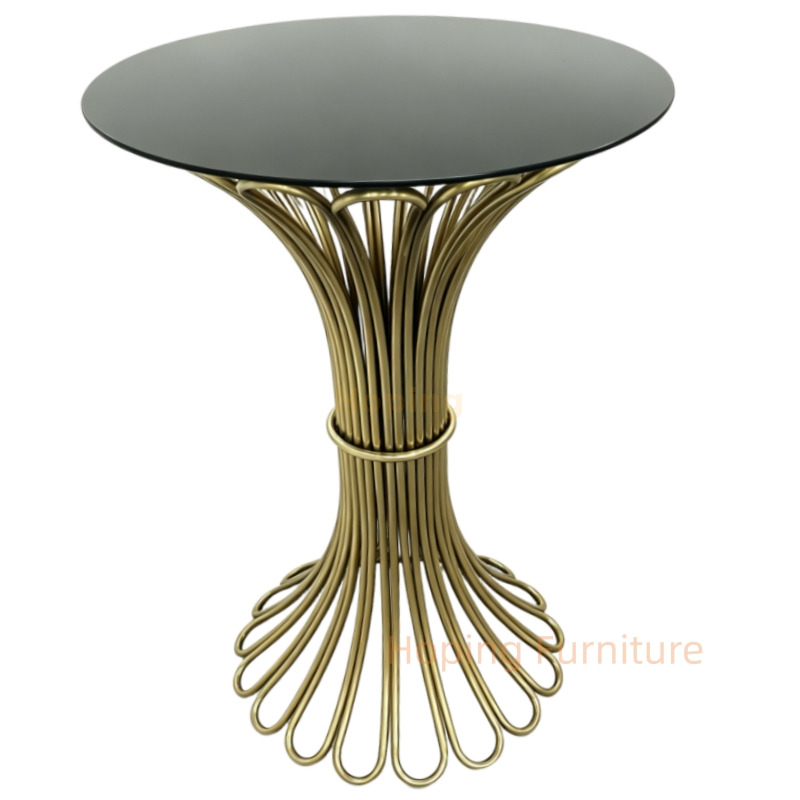 Luxury Round Black Glass High Cocktail Table with Golden Flower Shaped Metal Base Bar Table