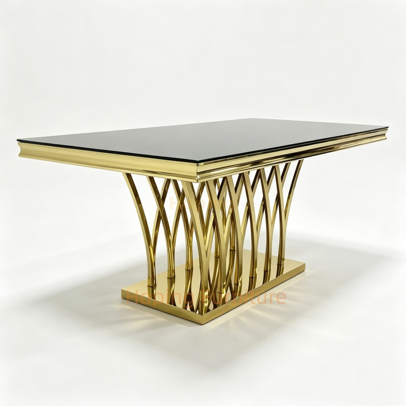 Wholesale Rectangle Dining Table Black Glass Top Shiny Gold Stainless Steel Interlaced Curve Leg Banquet Table