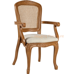 Vintage Carved Plastic Dining Arm Chair Imitation Rattan Back Fabric Padded Seat for Wedding Event Rental Dining Chair
