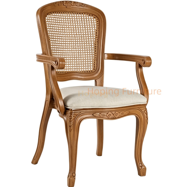 Vintage Carved Plastic Dining Arm Chair Imitation Rattan Back Fabric Padded Seat for Wedding Event Rental Dining Chair