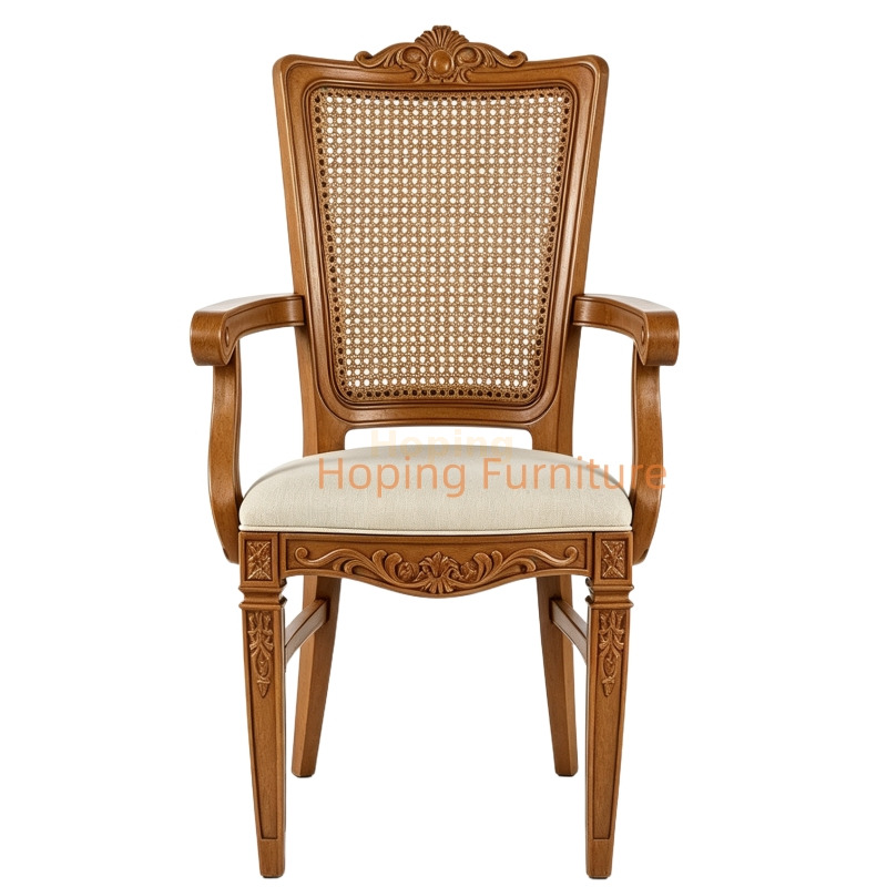 Vintage Carved Plastic Dining Arm Chair Imitation Rattan Back Fabric Padded Seat for Wedding Event Rental Dining Chair