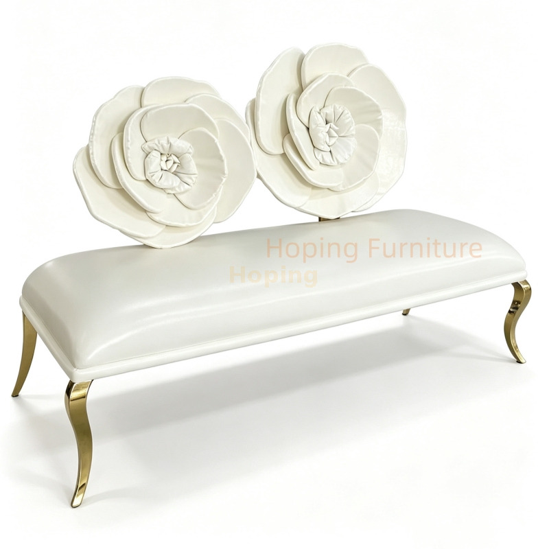 White Rose Flower Back Wedding Loveseat Bench Gold Metal Leg Bridal Wedding Sofa For Event Banquet King and Queen Rental Chairs Party Wedding Chairs