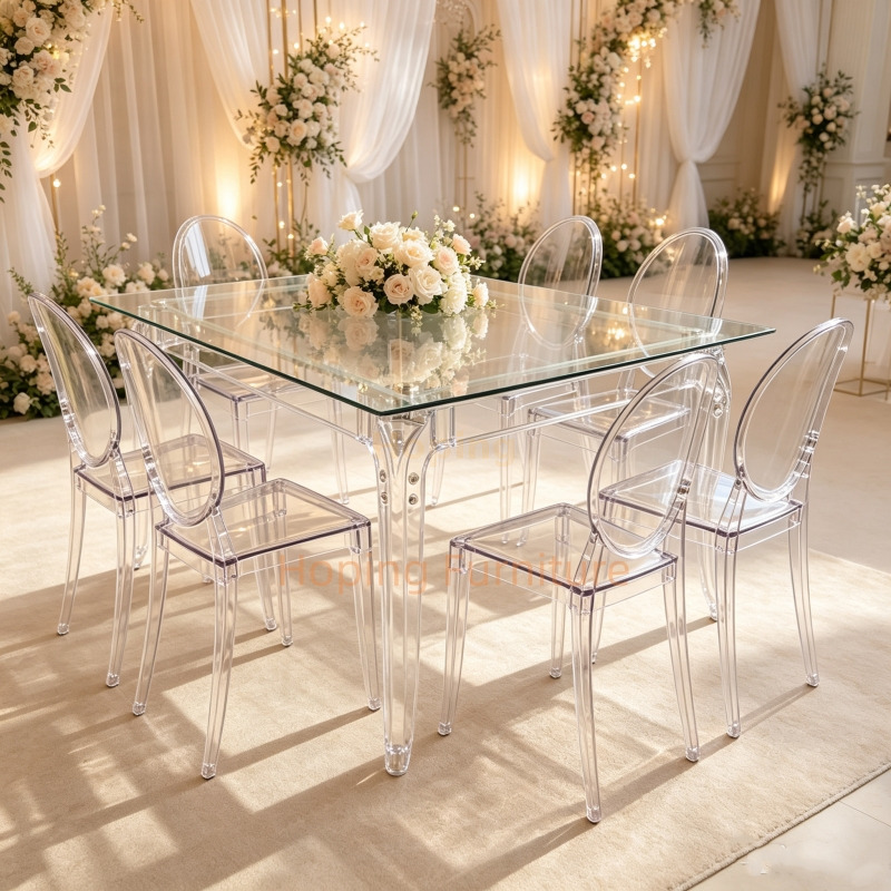 Clear Acrylic Dining Table Rectangular Glass Top Transparent Table for Wedding Event Outdoor Patio Square Banquet Table