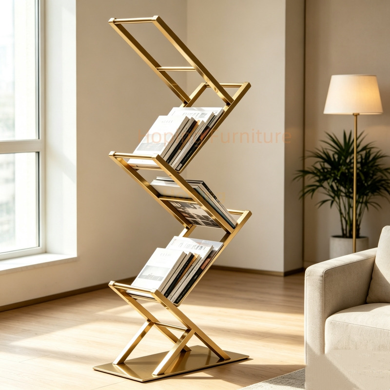 Gold Metal Z Shaped Magazine Rack File Shelf Modern Floor Book Display Stand for Living Room Airport Lobby Hotel Office Corner Office Bookcase