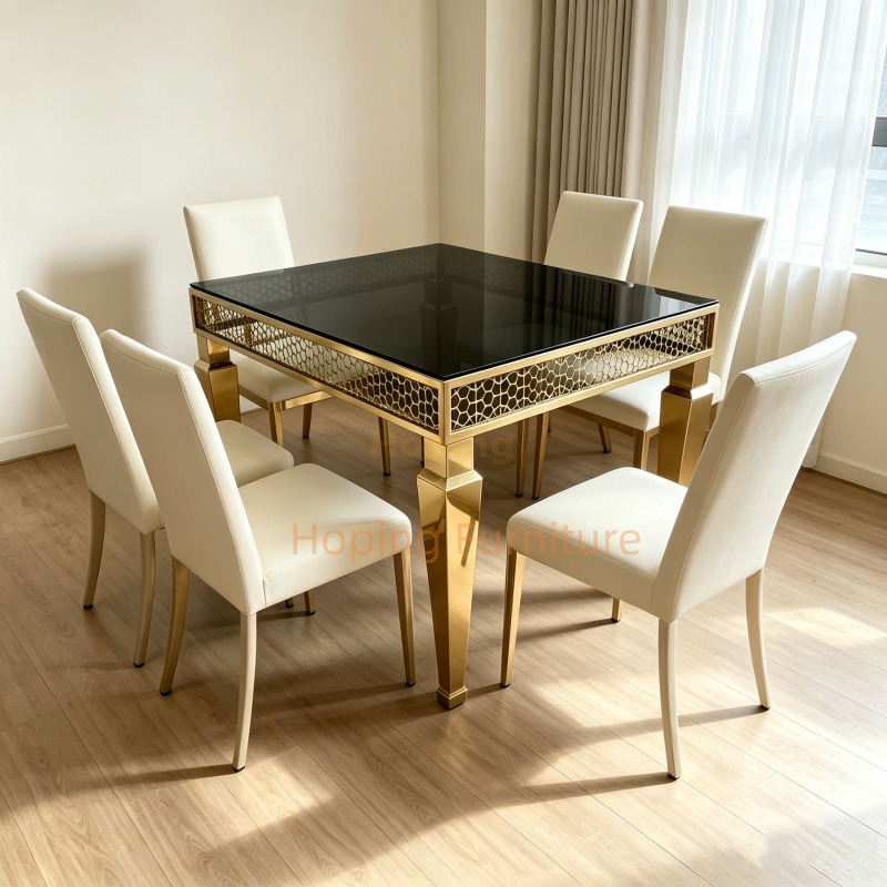 Gold Stainless Steel Square Dining Table 1.5m Black Glass Top Elegant Luxury Wedding Banquet Event Table