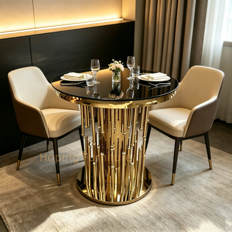 Luxury Round 2 Seater Dining Table for Home Hotel Banquet Events Round Cake Table Italy Gold Stainless Steel Black Glass Top Dining Table 80 Coffee Table