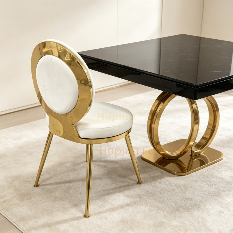 Gold Stainless Steel Dining Chair with Unique Hollow Round Back Frame White Velvet Upholstered Banquet Event Chair White Wedding Dining Chair