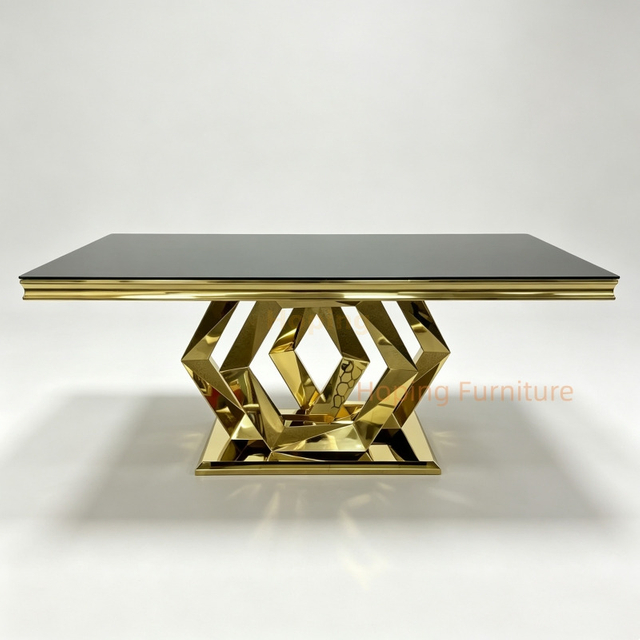 Modern Rectangular Dining Table Black Glass Top Shiny Gold Stainless Steel Diamond Shape Base Dining Furniture Wedding Table