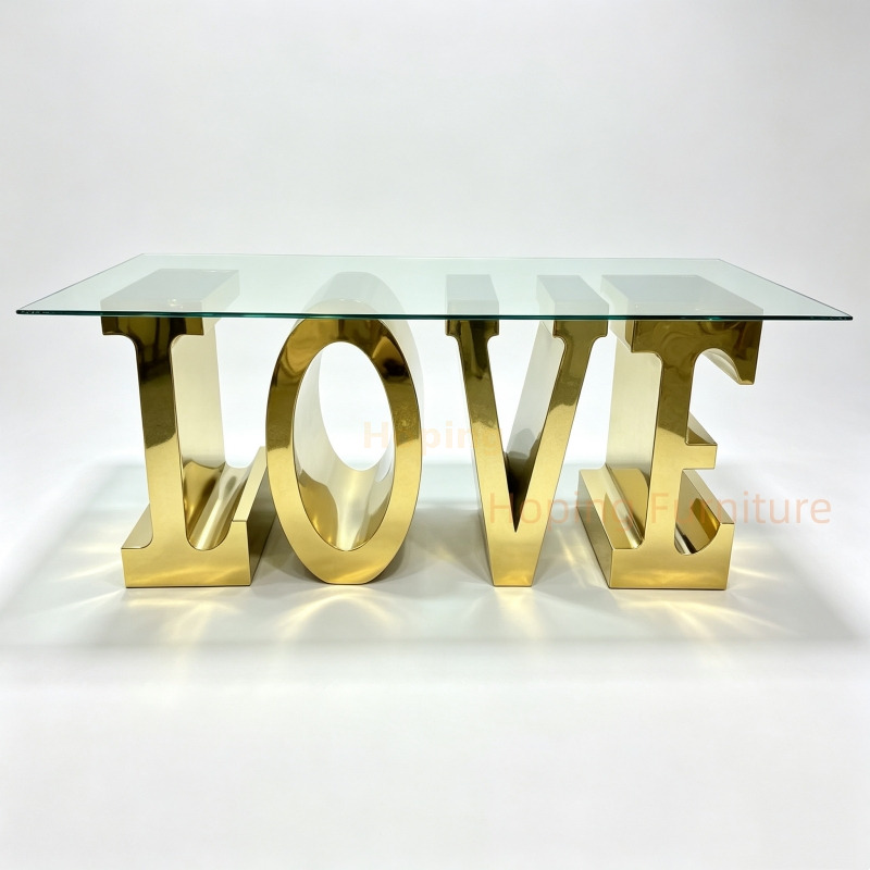 Modern High Quality Wedding Furniture Restaurant Hotel Banquet Love Letter Shape Gold Stainless Steel Dining Table, Clear Tempered Glass Top Wedding Event Table