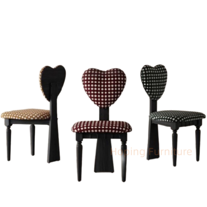 Vintage Sweetheart Shape Dining Chair Solid Wood Frame Polka DOT Fabric Upholstered Accent Chair for Home Cafe