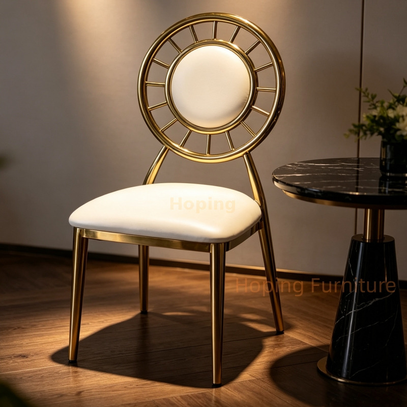 Luxury Sunburst Back Gold Iron Wedding Chair White PU Leather Round Event Chair for Banquet Hotel Party
