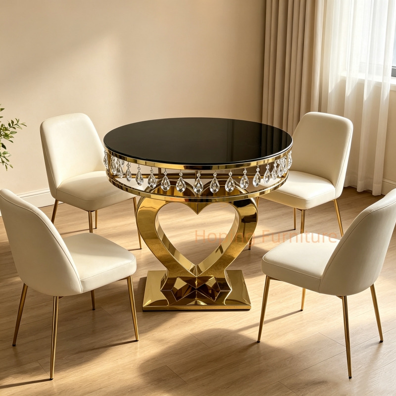 Gold Heart Shape Stainless Steel Dining Table Black Glass Top Crystal Pendant Wedding Banquet Round Table