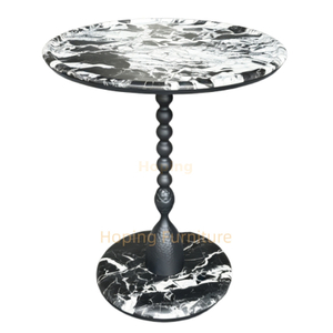 Cheap Home Furniutre Round Black White Marble Effect Side Table Beaded Metal Pedestal Accent Table for Wedding Hotel Decor Table