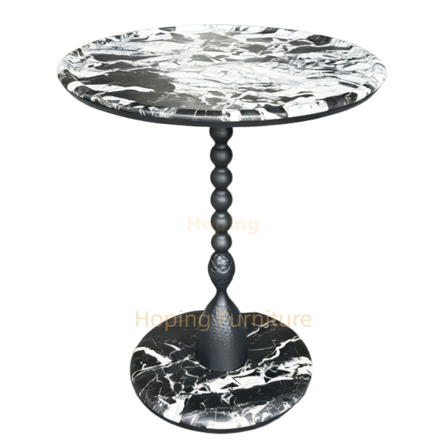 Cheap Home Furniutre Round Black White Marble Effect Side Table Beaded Metal Pedestal Accent Table for Wedding Hotel Decor Table