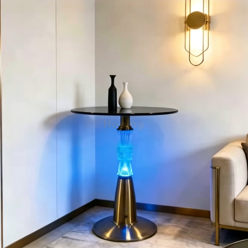 Elegant MID Century Low Round Glass Top Coffee Table for Stylish Homes Event Illuminated Bluetooth Music Cocktail Table End Table